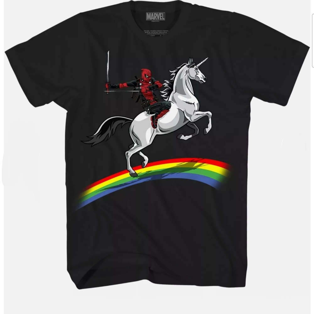 Marvel Black T-Shirt with Deadpool and Unicorn